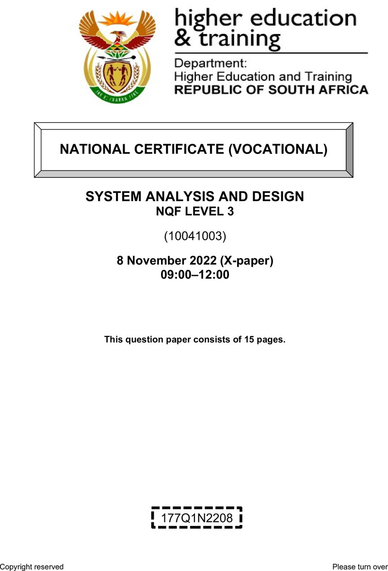 Systems Analysis and Design Level 3 DHET NCV November 2022 Paper X - Question Paper
