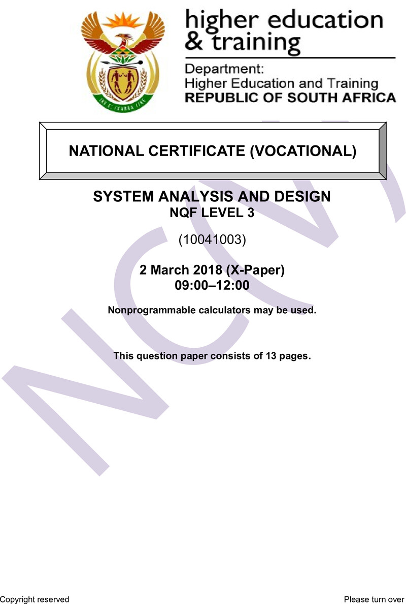 Systems Analysis and Design Level 3 DHET NCV March 2018 Paper X - Question Paper