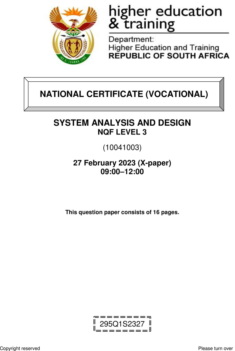 Systems Analysis and Design Level 3 DHET NCV February 2023 Paper X - Question Paper