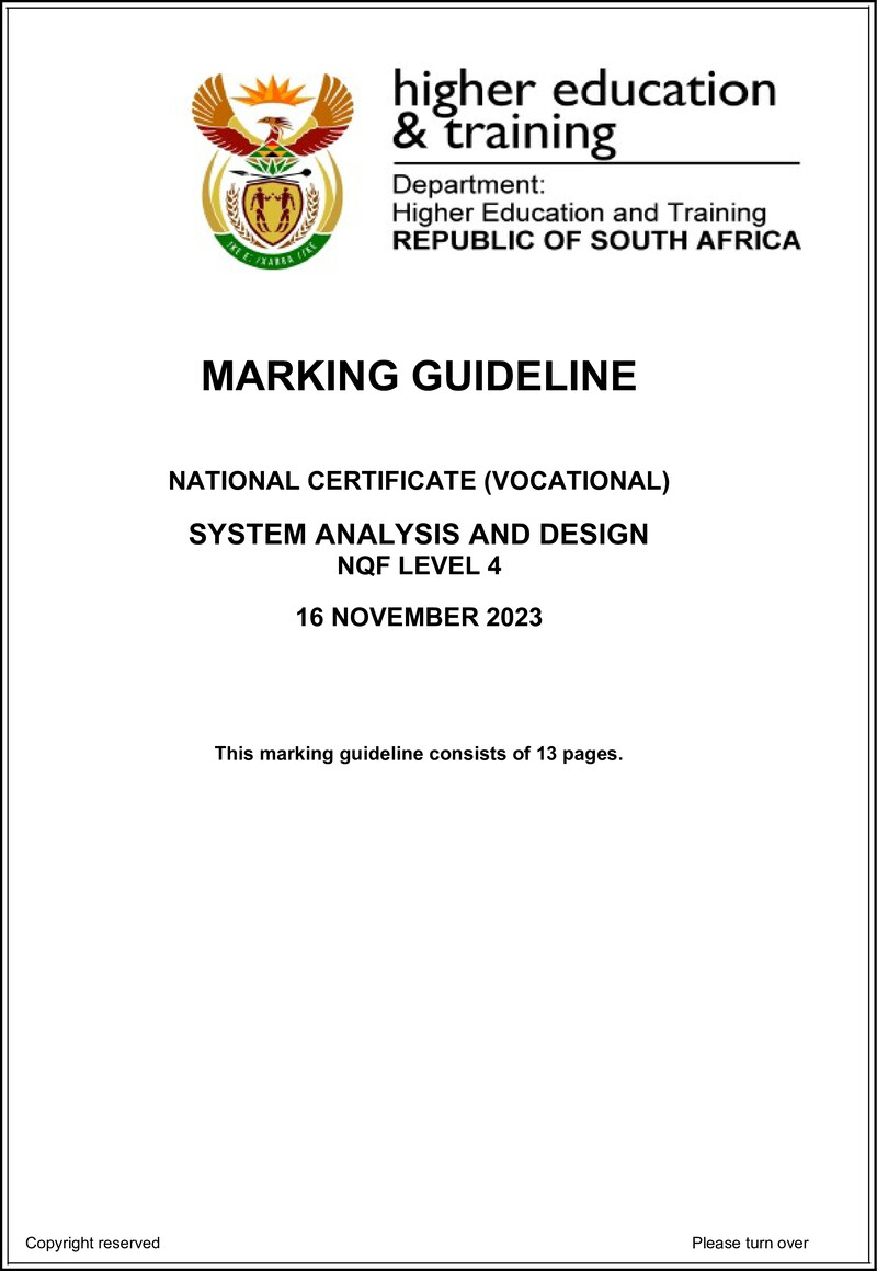 Systems Analysis and Design Level 4 DHET NCV November 2023 - Memo