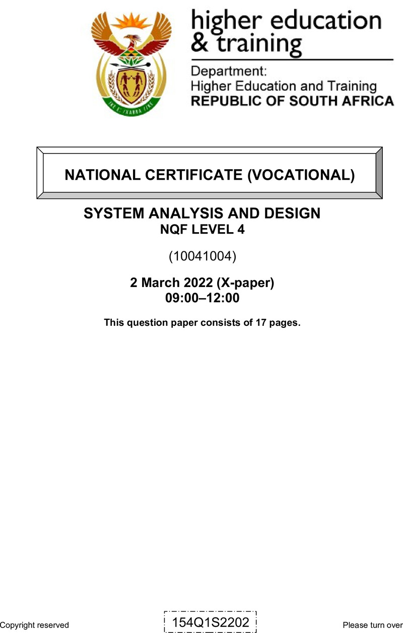 Systems Analysis and Design Level 4 DHET NCV March 2022 Paper X - Question Paper