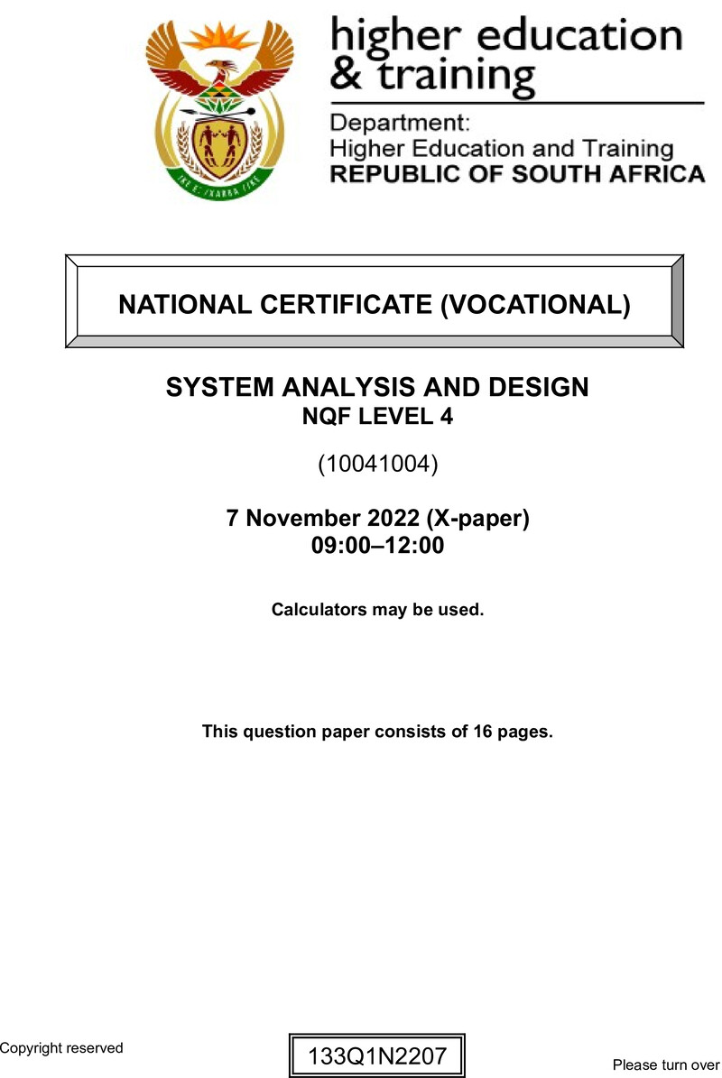 Systems Analysis and Design Level 4 DHET NCV 2022 Paper X - Question Paper