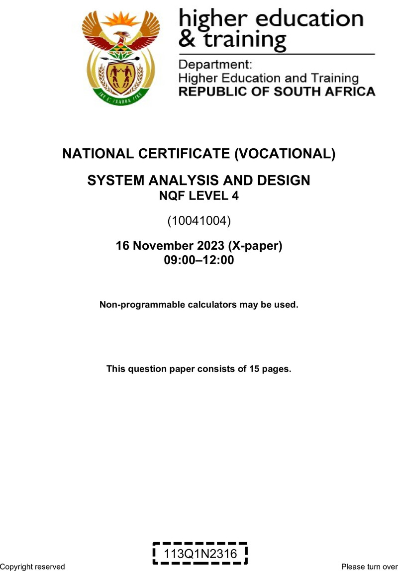 Systems Analysis and Design Level 4 DHET NCV November 2023 Paper X - Question Paper