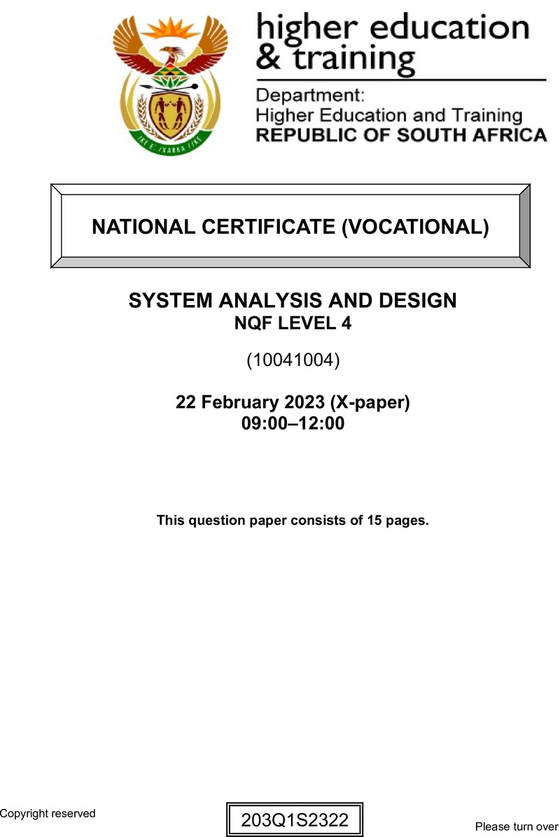 Systems Analysis and Design Level 4 DHET NCV February 2023 Paper X - Question Paper