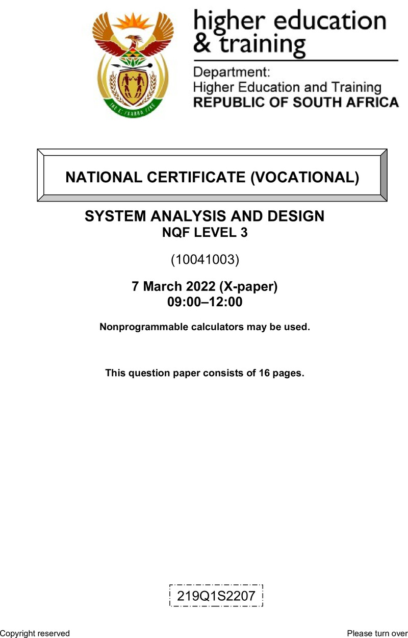 Systems Analysis and Design Level 3 DHET NCV March 2022 Paper X - Question Paper