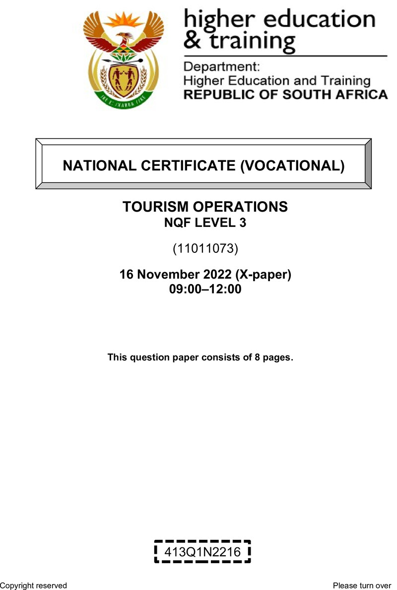 Tourism Operations Level 3 DHET NCV November 2022 Paper X - Question Paper