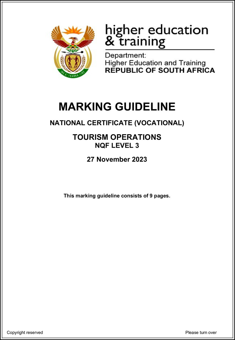 Tourism Operations Level 3 DHET NCV 2023 - Memo