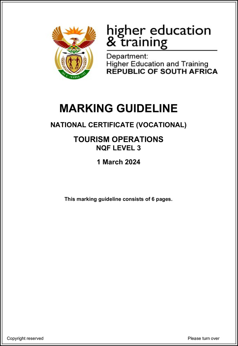 Tourism Operations Level 3 DHET NCV March 2024 - Memo