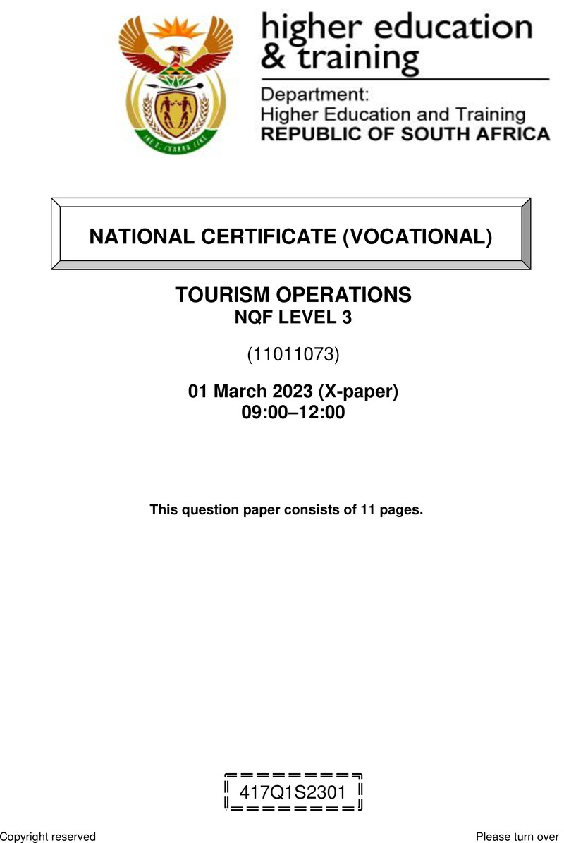 Tourism Operations Level 3 DHET NCV March 2023 Paper X - Question Paper