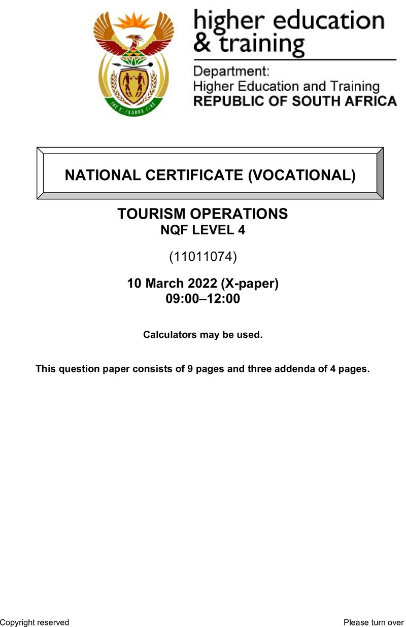 Tourism Operations Level 4 DHET NCV March 2022 Paper X - Question Paper