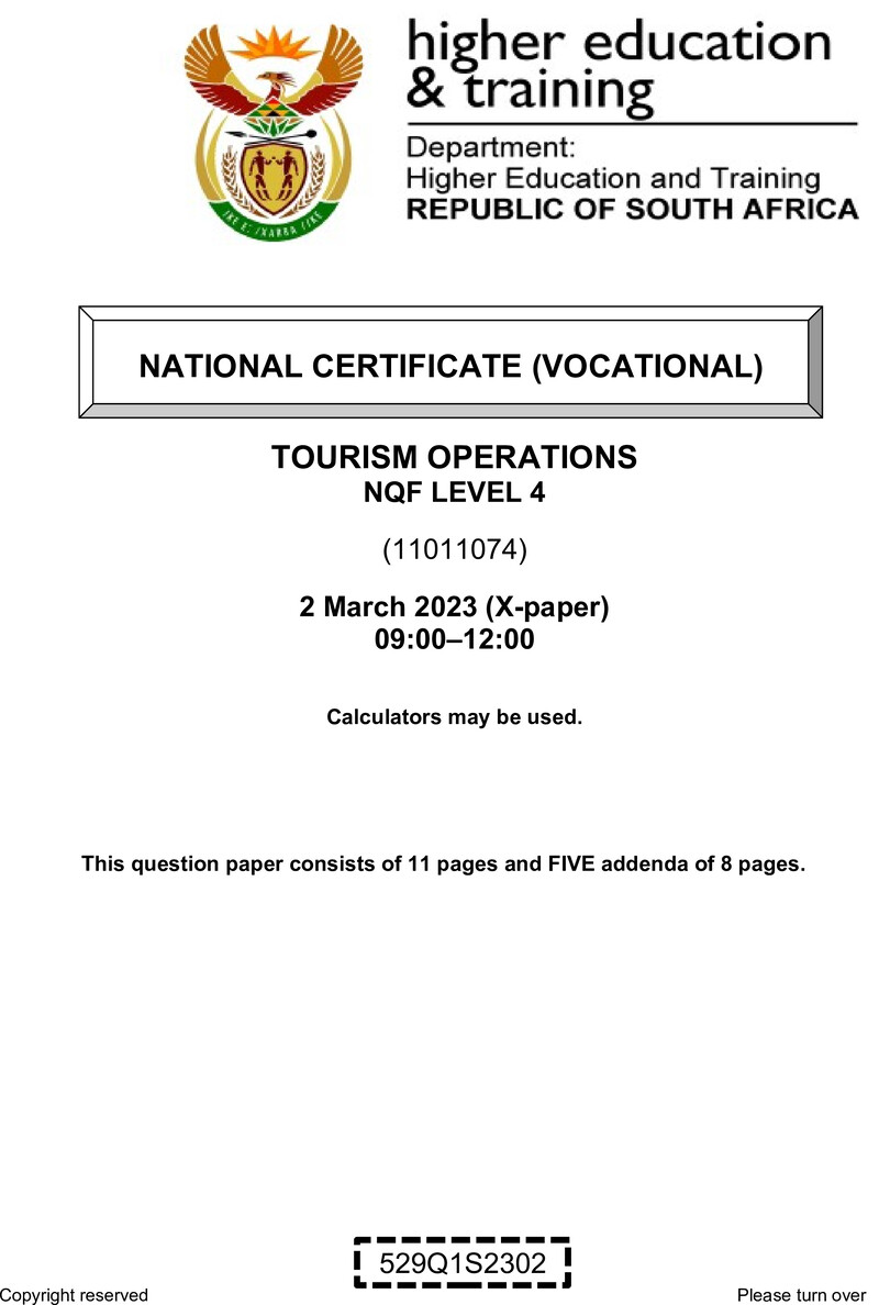 Tourism Operations Level 4 DHET NCV March 2023 Paper X - Question Paper