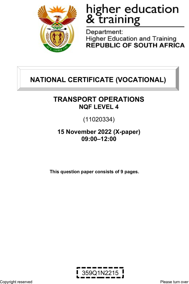 Transport Operations Level 4 DHET NCV November 2022 Paper X - Question Paper