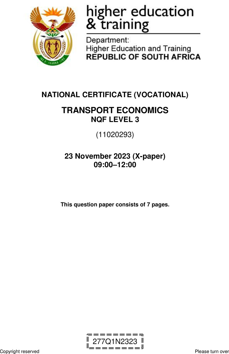 Transport Economics Level 3 DHET NCV November 2023 Paper X - Question Paper