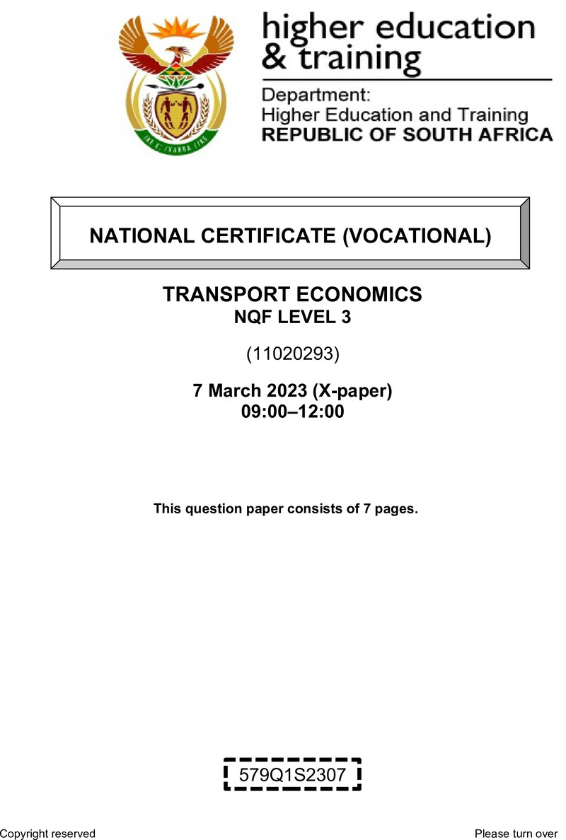 Transport Economics Level 3 DHET NCV March 2023 Paper X - Question Paper