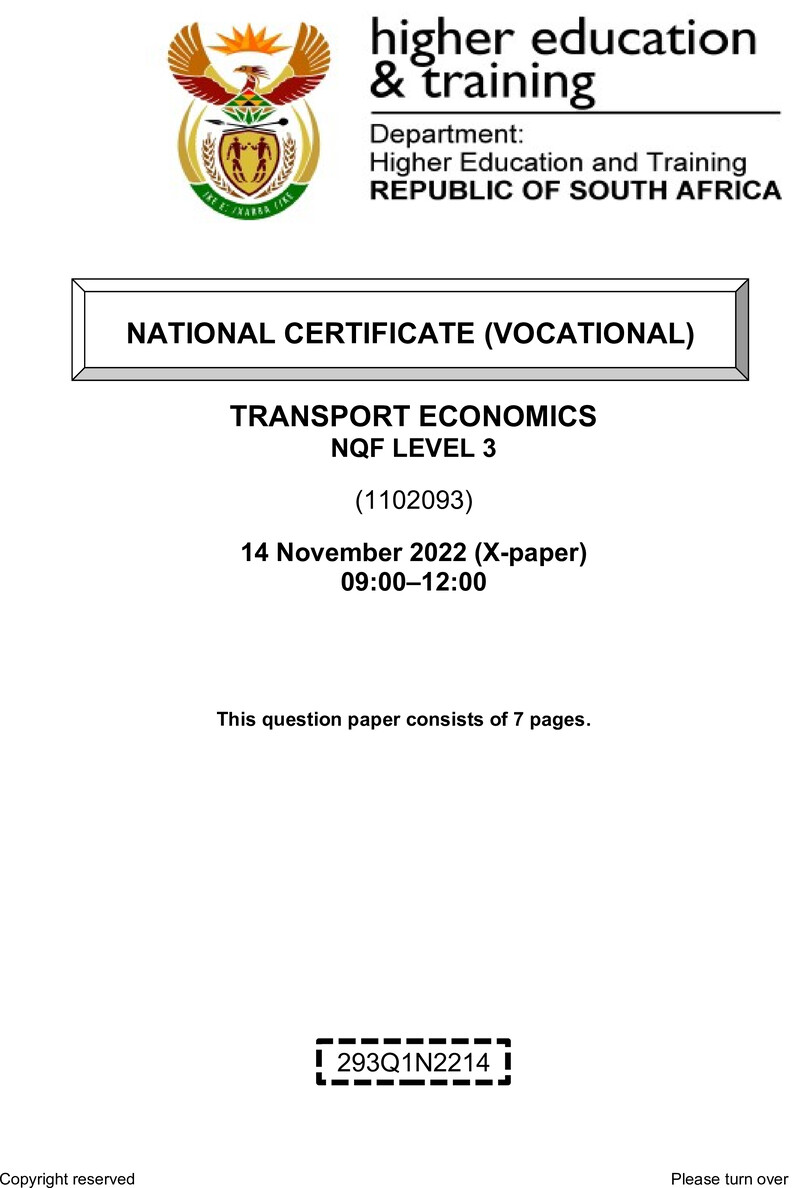 Transport Economics Level 3 DHET NCV November 2022 Paper X - Question Paper