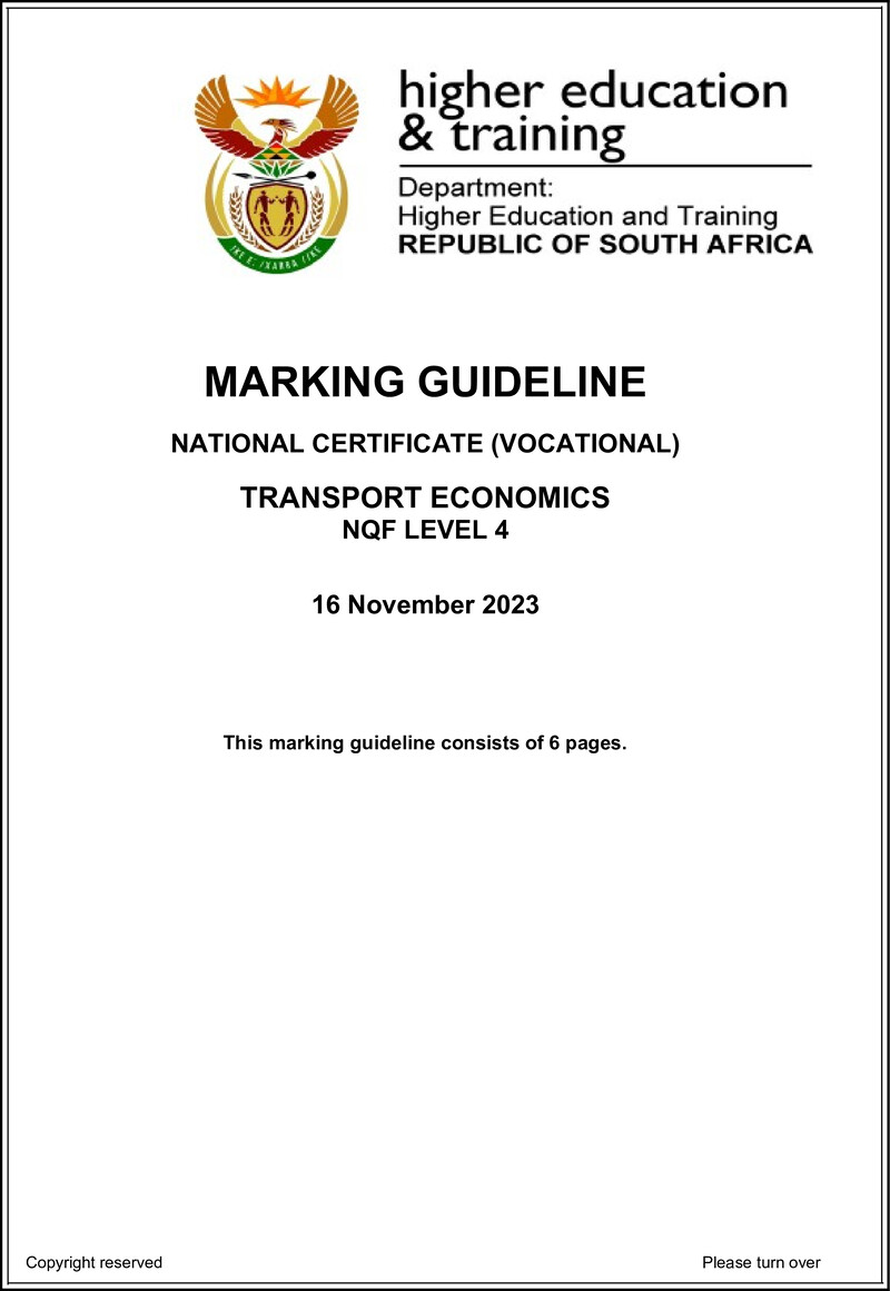 Transport Economics Level 4 DHET NCV 2023 - Memo