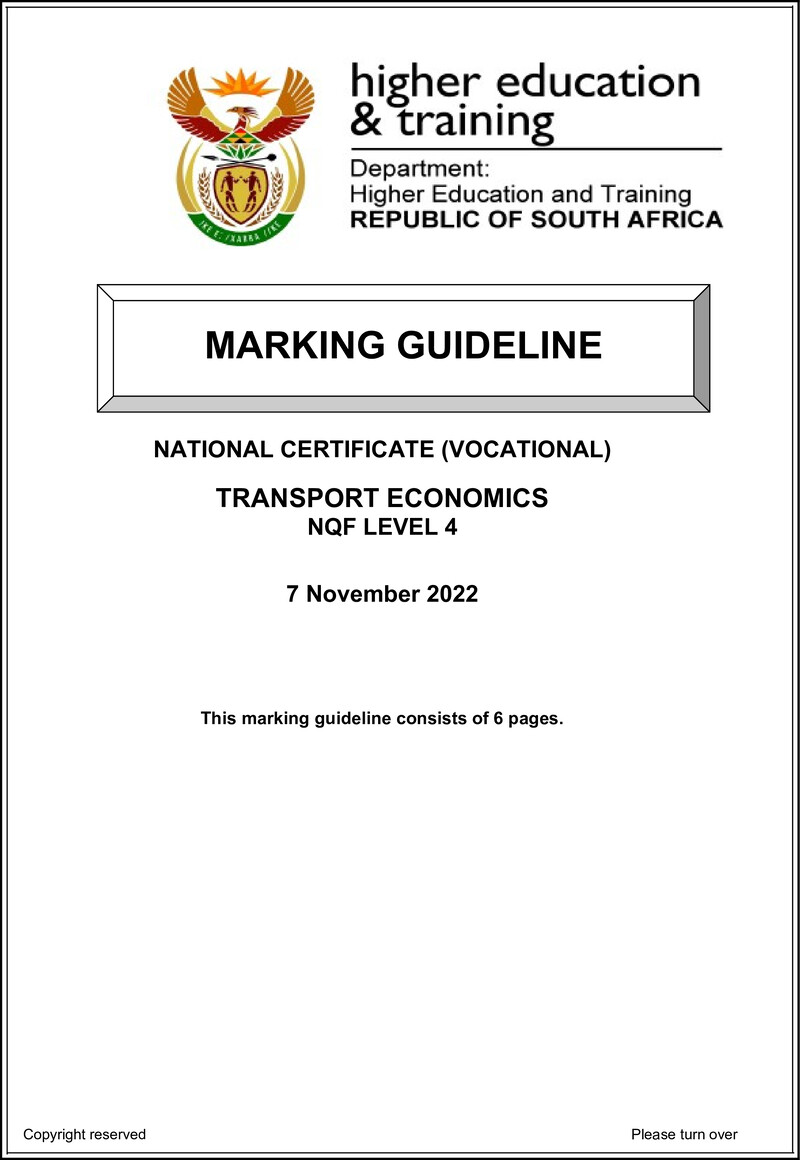 Transport Economics Level 4 DHET NCV 2022 - Memo