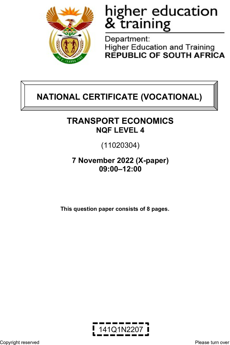 Transport Economics Level 4 DHET NCV November 2022 Paper X - Question Paper