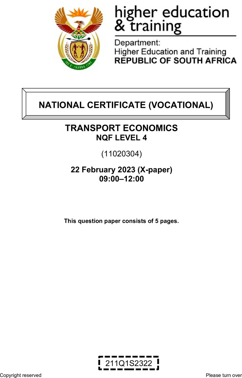 Transport Economics Level 4 DHET NCV February 2023 Paper X - Question Paper