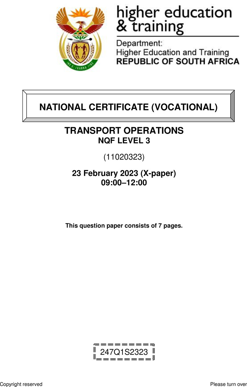 Transport Operations Level 3 DHET NCV February 2023 Paper X - Question Paper