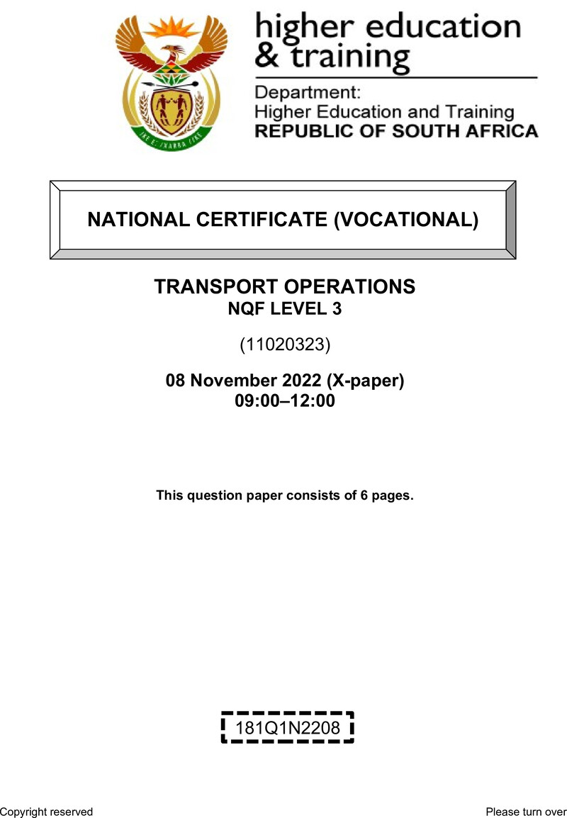 Transport Operations Level 3 DHET NCV November 2022 Paper X - Question Paper