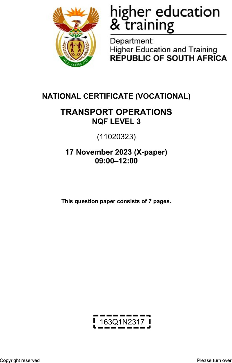 Transport Operations Level 3 DHET NCV November 2023 Paper X - Question Paper