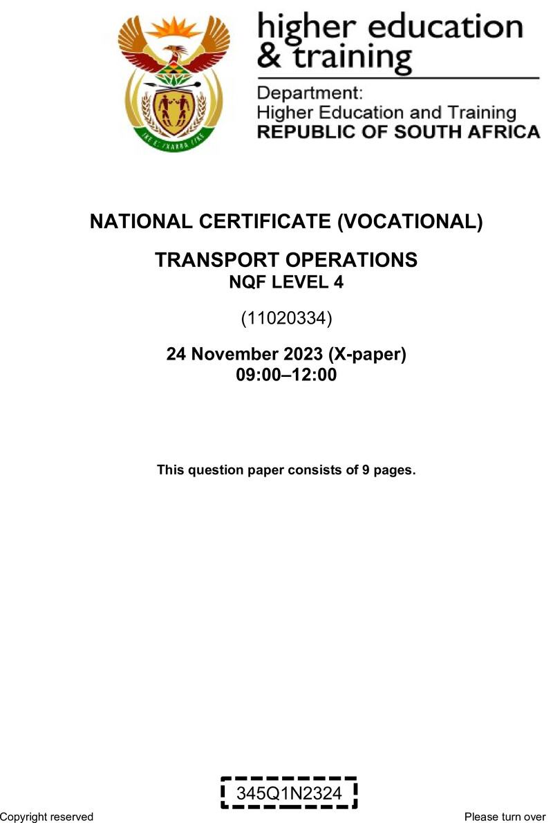 Transport Operations Level 4 DHET NCV November 2023 Paper X - Question Paper