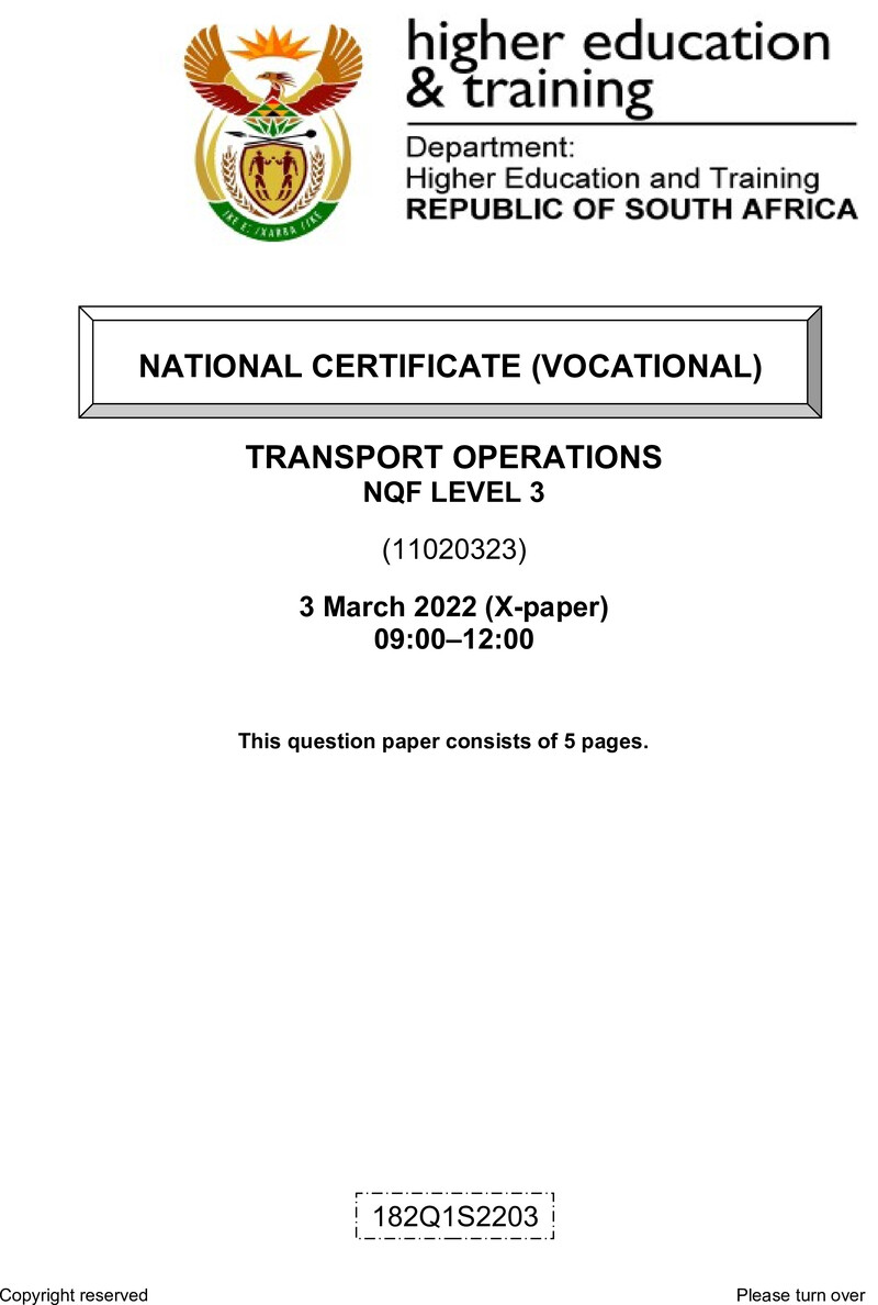 Transport Operations Level 3 DHET NCV March 2022 Paper X - Question Paper