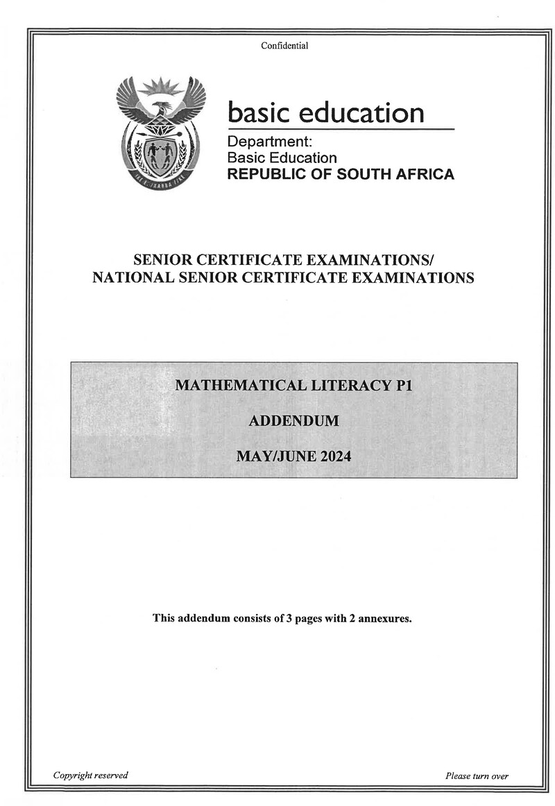 Mathematical Literacy Grade 12 DBE Caps May 2024 Paper 1 - Addendum