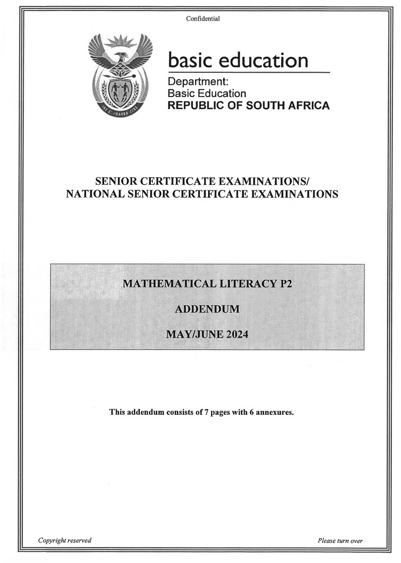Mathematical Literacy Grade 12 DBE Caps May 2024 Paper 2 - Addendum