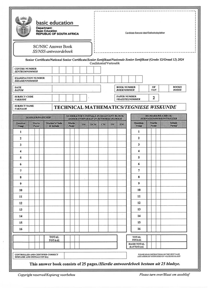 Technical Mathematics Grade 12 DBE Caps May 2024 Paper 2 - Answer Booklet