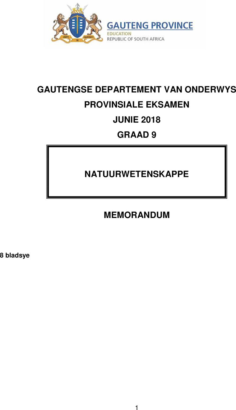 Natuurwetenskappe Grade 9 DBE CAPS June 2018 - Memo