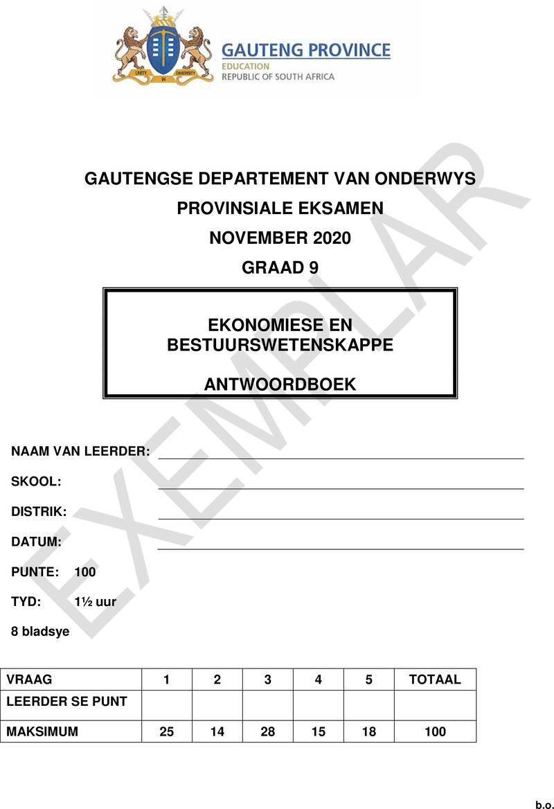 Ekonomie en Bestuurswetenskappe Grade 9 DBE CAPS November 2020 - Memo