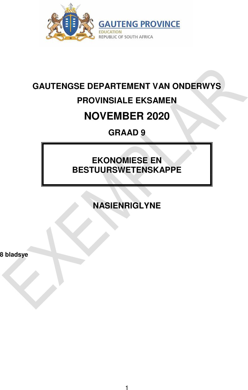 Ekonomie en Bestuurswetenskappe Grade 9 DBE CAPS November 2020 - Memo