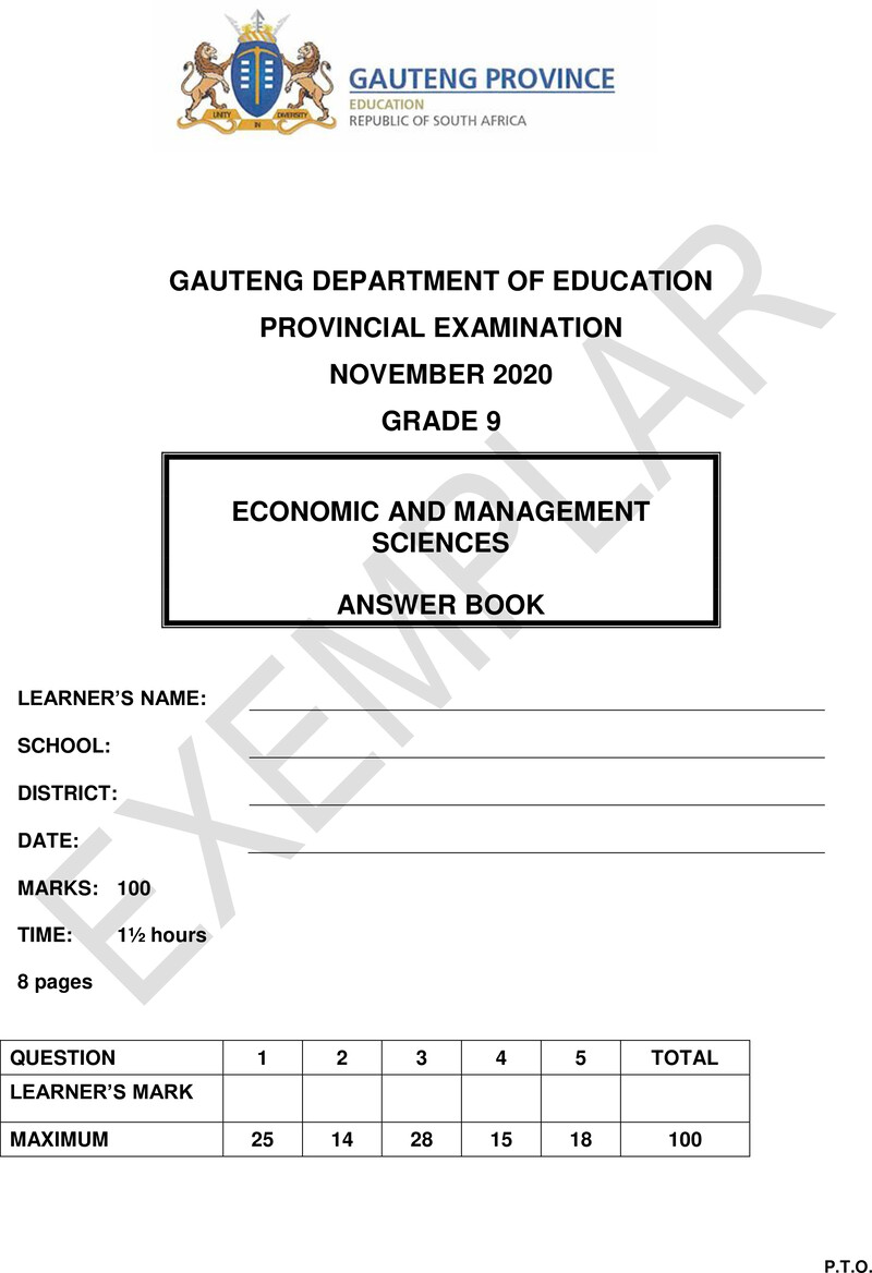 Economic and Management Sciences Grade 9 DBE CAPS November 2020 - Memo