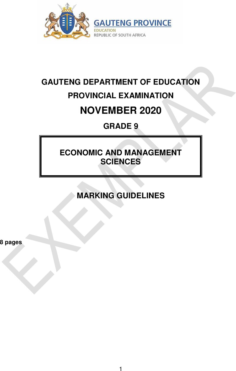 Economic and Management Sciences Grade 9 DBE CAPS November 2020 - Memo