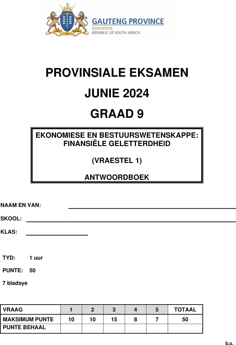 Ekonomiese en Bestuurswetenskappe Grade 9 DBE CAPS June 2024 Paper 1 - Memo