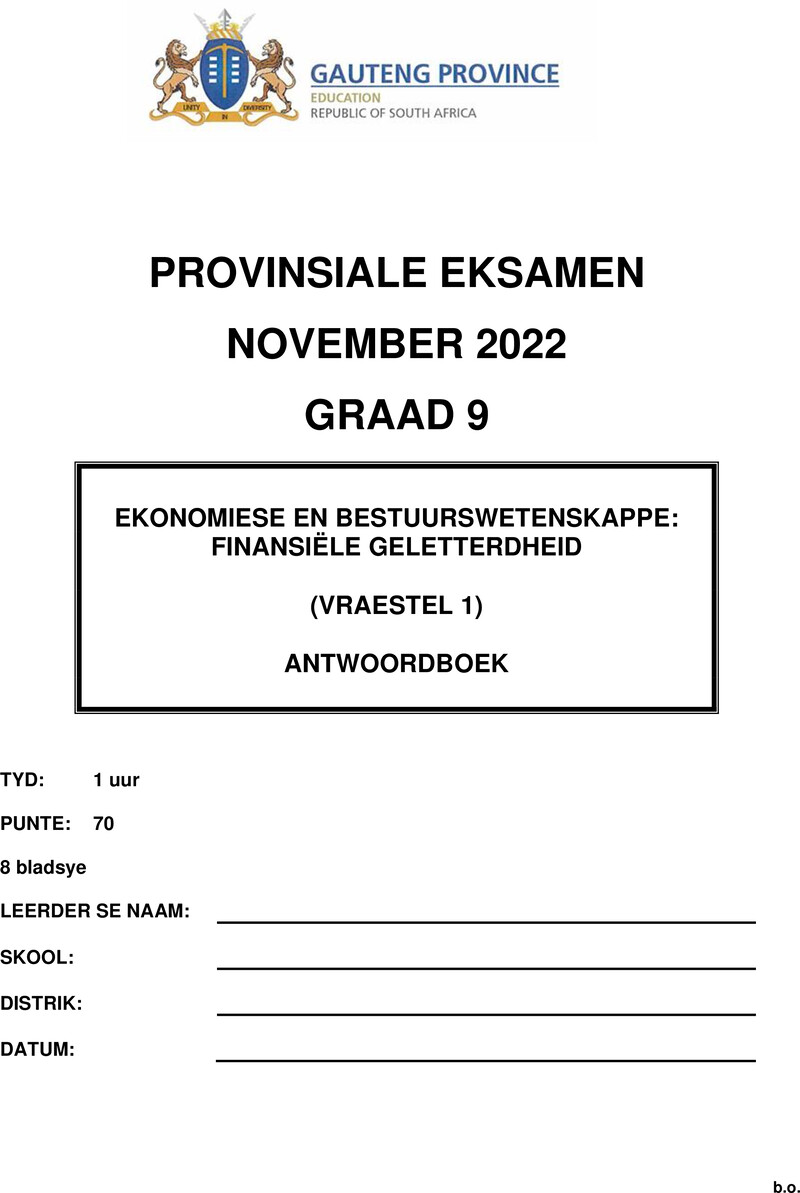Ekonomiese en Bestuurswetenskappe Grade 9 DBE CAPS November 2022 Paper 1 - Memo
