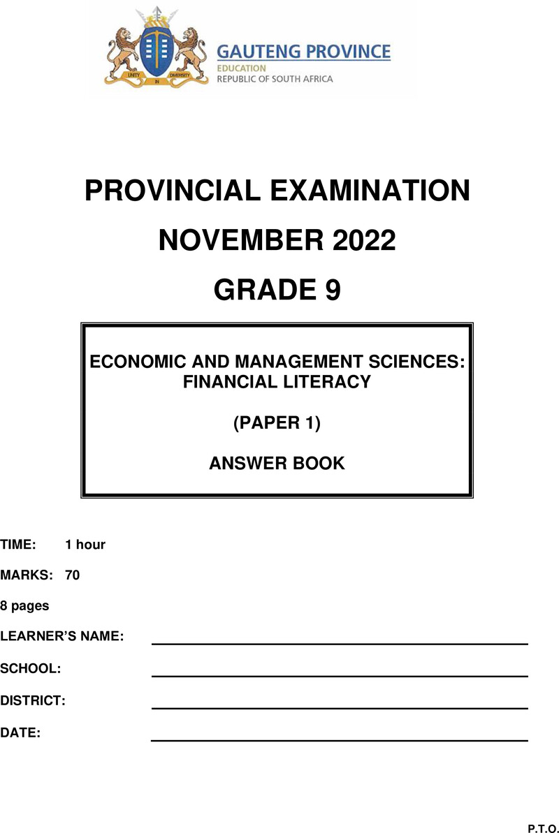 Economic and Management Sciences Grade 9 DBE CAPS November 2022 Paper 1 - Memo