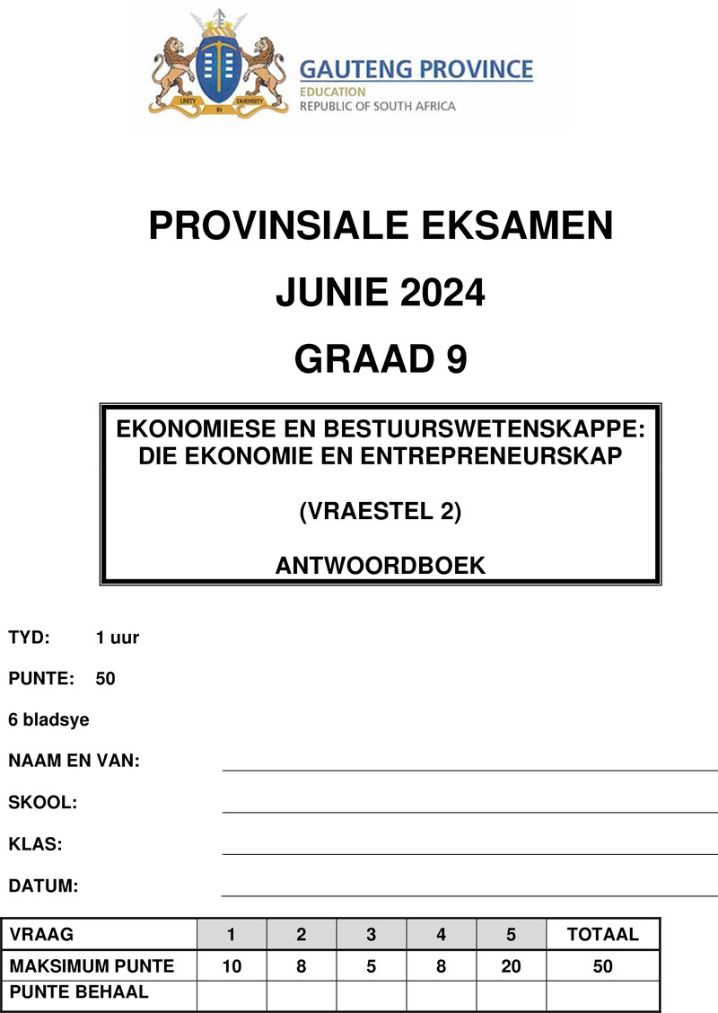 Ekonomiese en Bestuurswetenskappe Grade 9 DBE CAPS June 2024 Paper 2 - Memo