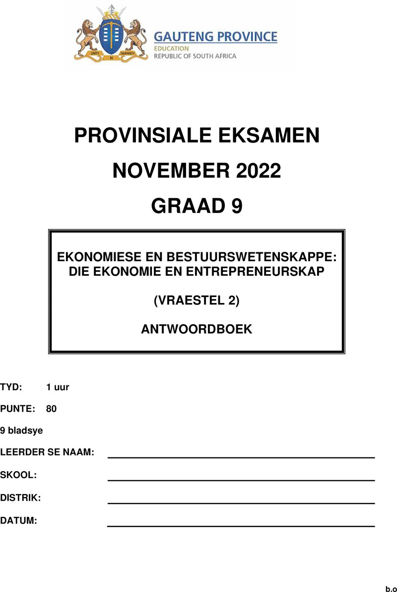 Ekonomie en Bestuurswetenskappe Grade 9 DBE CAPS November 2022 Paper 2 - Memo