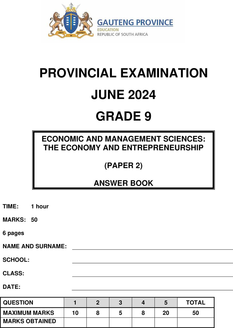 Economic and Management Sciences Grade 9 DBE CAPS June 2024 Paper 2 - Question Paper