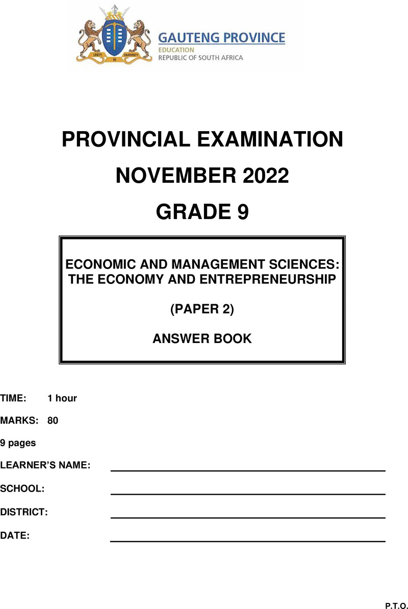 Economic and Management Sciences Grade 9 DBE CAPS November 2022 Paper 2 - Memo