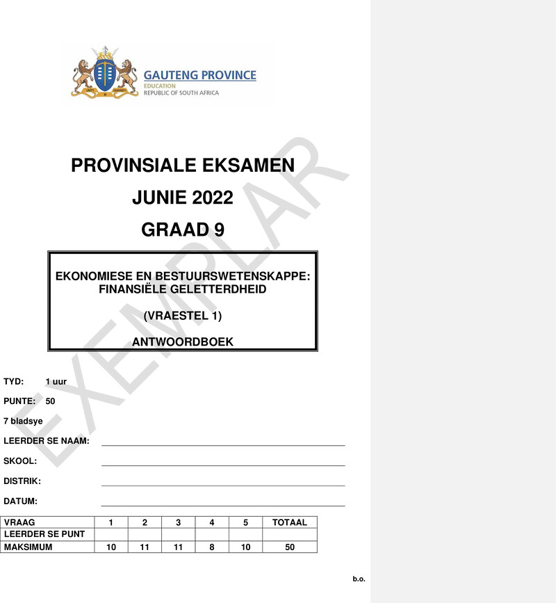 Ekonomie en Bestuurswetenskappe Grade 9 DBE CAPS June 2022 Paper 1 - Memo