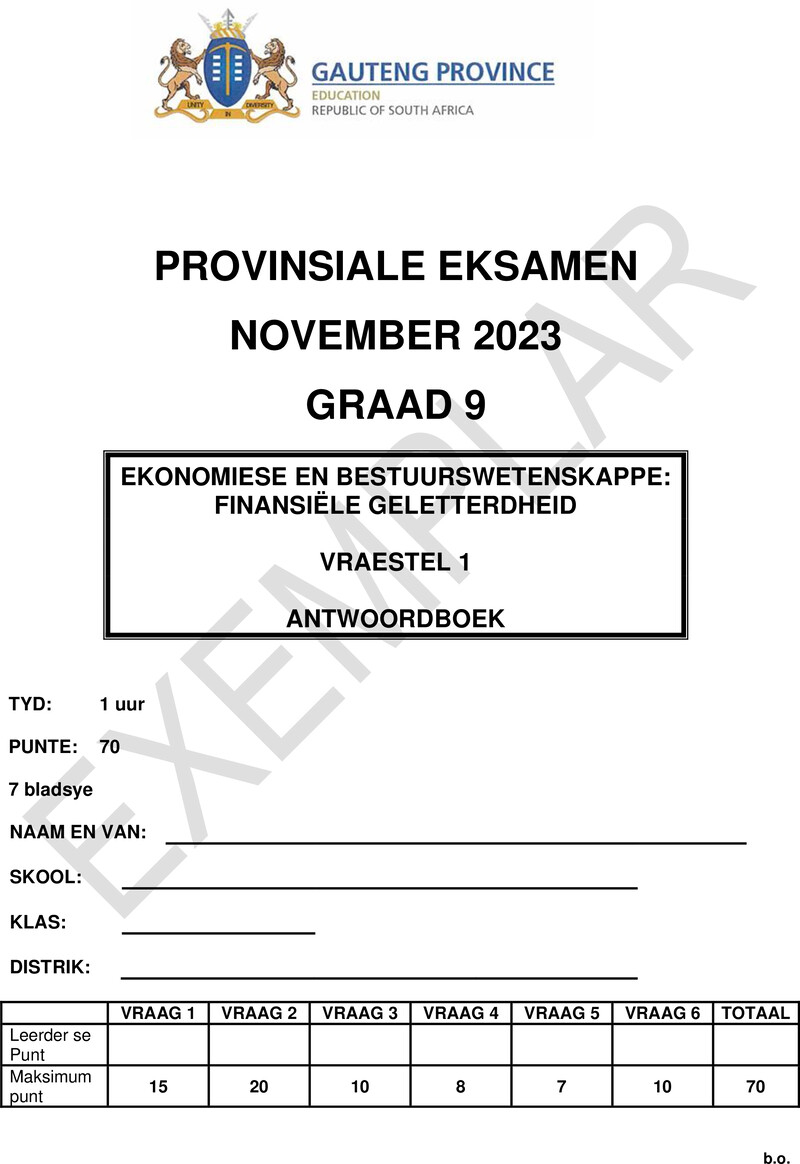 Ekonomiese en Bestuurswetenskappe Grade 9 DBE CAPS November 2023 Paper 1 - Memo