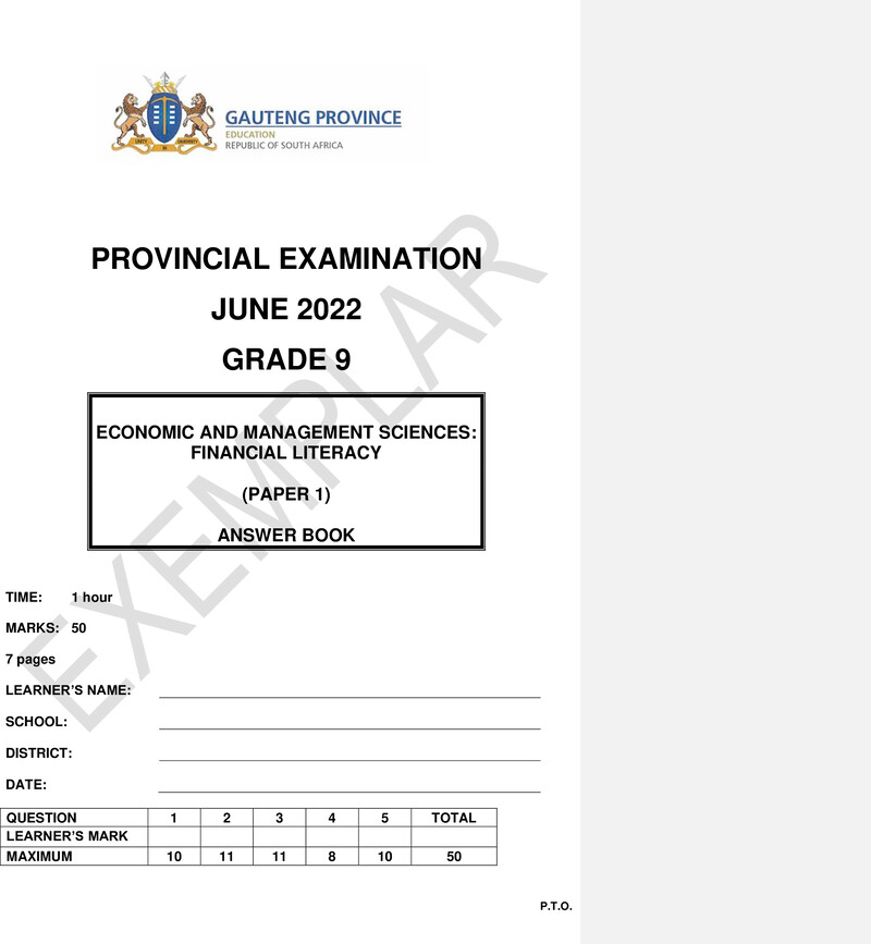 Economic and Management Sciences Grade 9 DBE CAPS June 2022 Paper 1 - Memo
