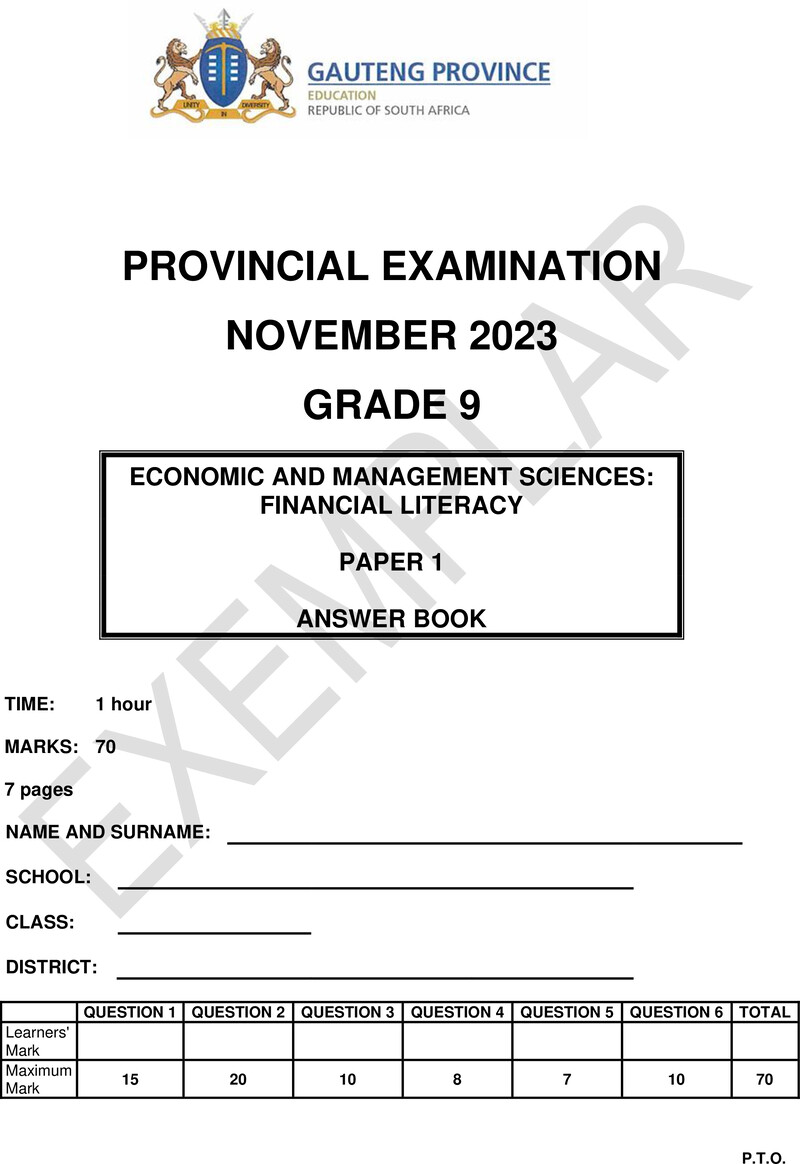 Economic and Management Sciences Grade 9 DBE CAPS November 2023 Paper 1 - Memo