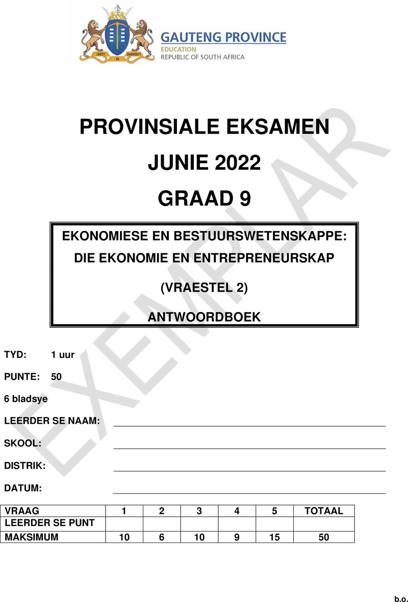Ekonomie en Bestuurswetenskappe Grade 9 DBE CAPS June 2022 Paper 2 - Memo