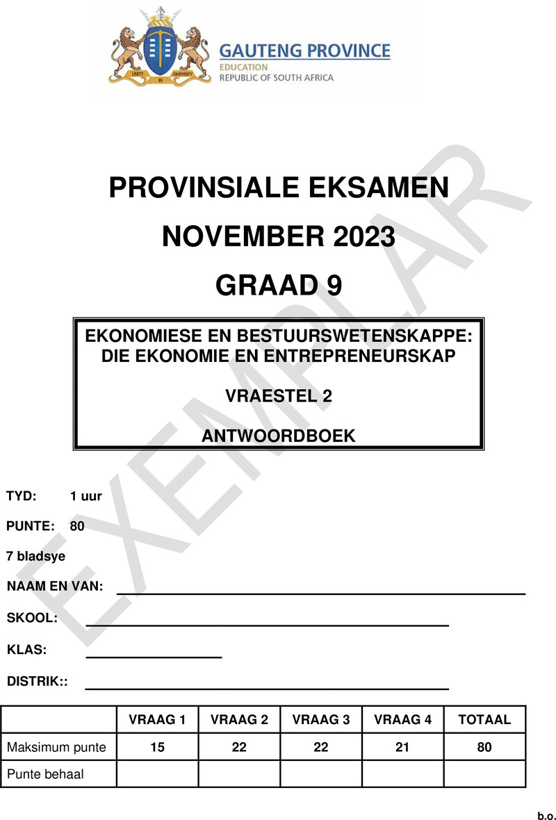 Ekonomie en Bestuurswetenskappe Grade 9 DBE CAPS November 2023 Paper 2 - Memo