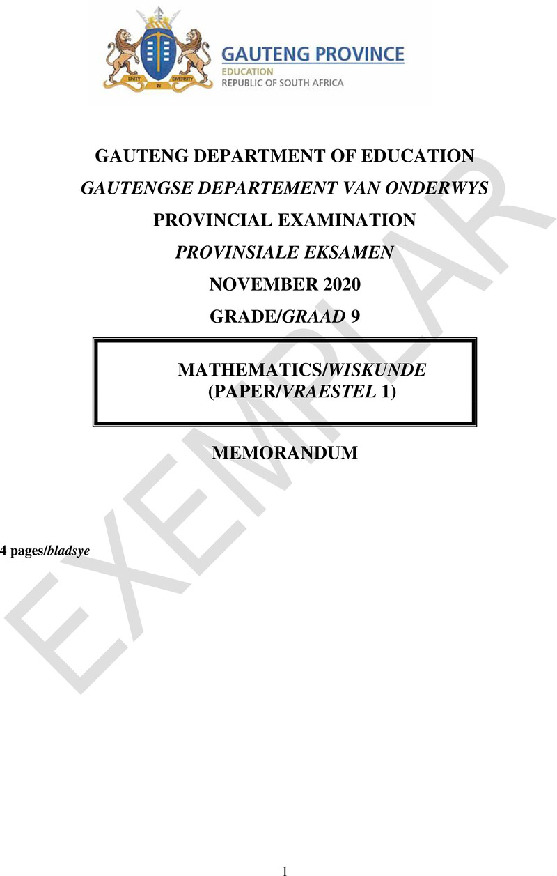 Mathematics Grade 9 DBE CAPS November 2020 Paper 1 - Memo